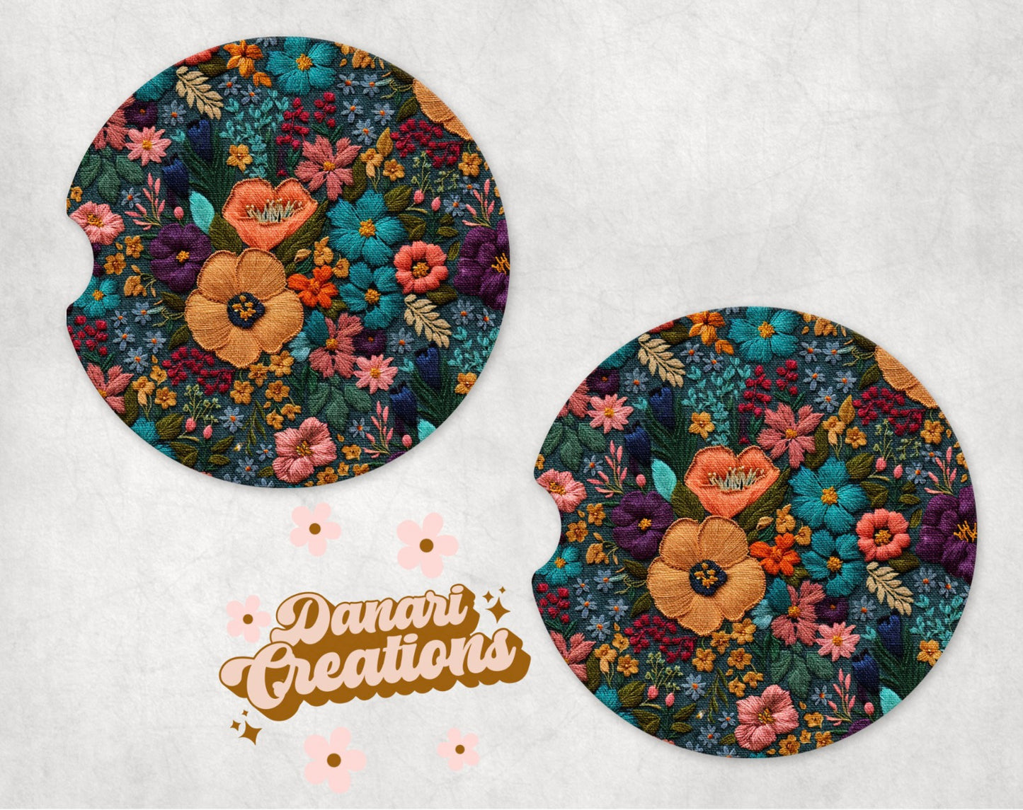 Floral Embroidery Print Car Coasters Set of 2 | Wildflowers Car Coasters