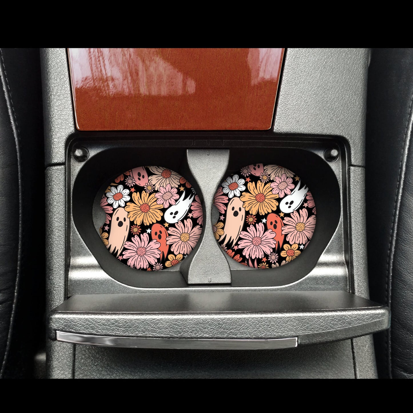 Floral Ghosts Halloween Car Coasters Set of 2
