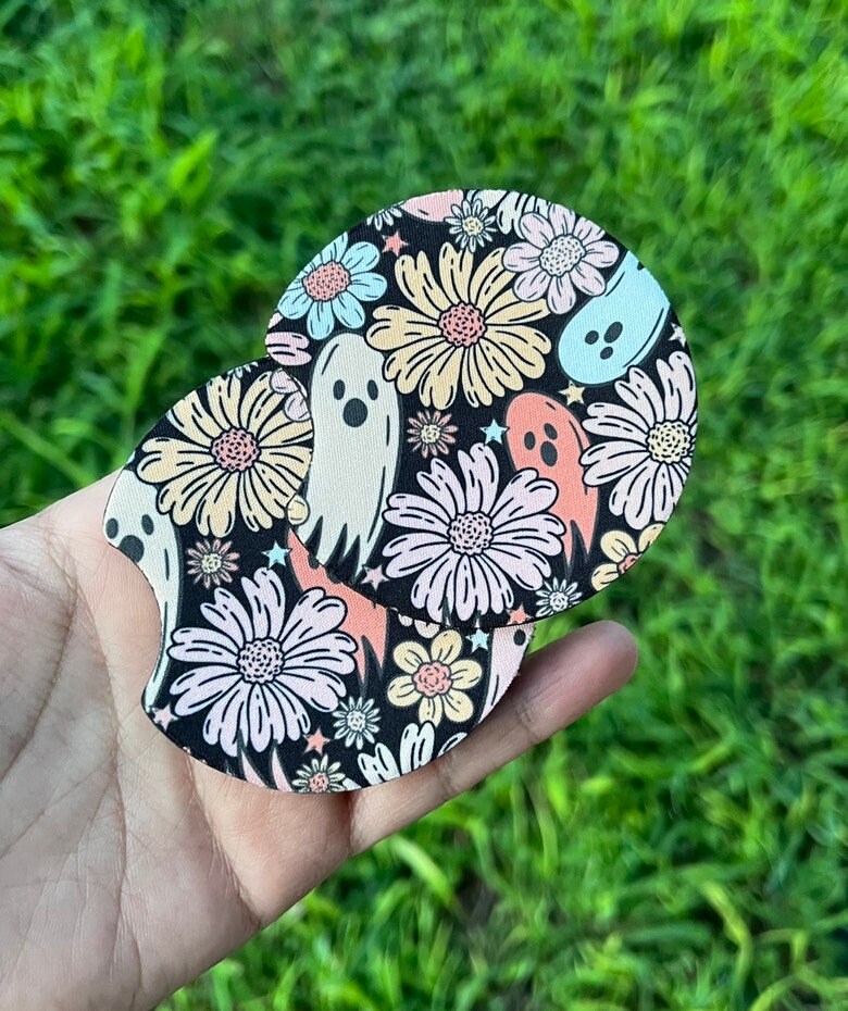 Floral Ghosts Halloween Car Coasters Set of 2