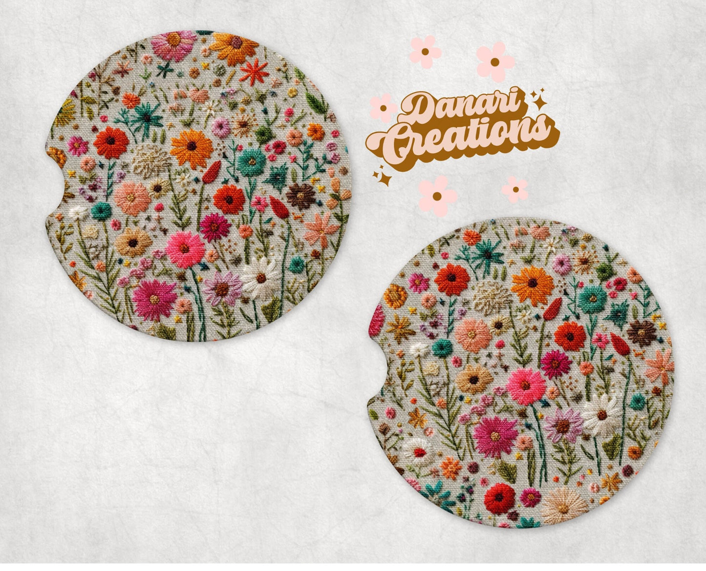 Floral Embroidery Print Car Coasters Set of 2 | Wildflowers Car Coasters