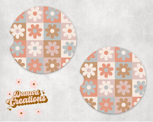 Floral Checker Car Coaster Set of 2 | Boho Car Coasters