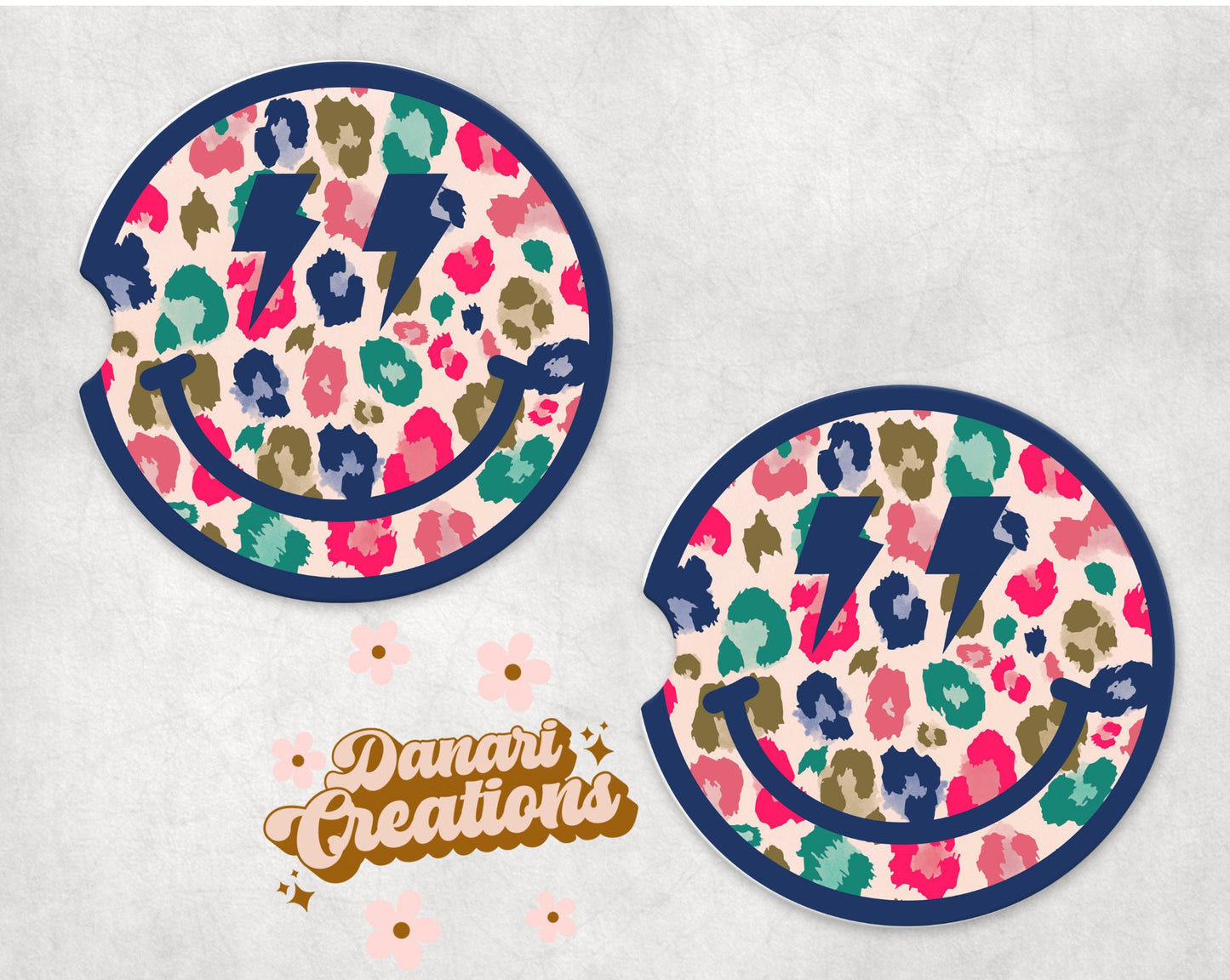 Smile Face Leopard Car Coasters Set of 2, Leopard Car Coasters, Leopard Print Car Accessories, Car Gift, Cup Holder Coasters