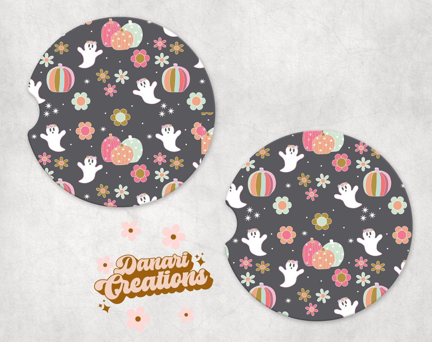 Retro Ghosts Car Coasters Set of 2 | Floral Ghost Car Coasters | Pumpkin Car Coasters | Fall Car Coasters | Fall Car Accessories