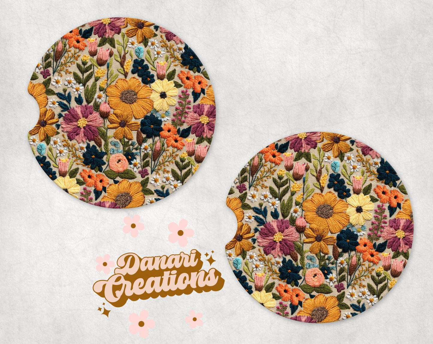 Floral Embroidery Print Car Coasters Set of 2 | Wildflowers Car Coasters