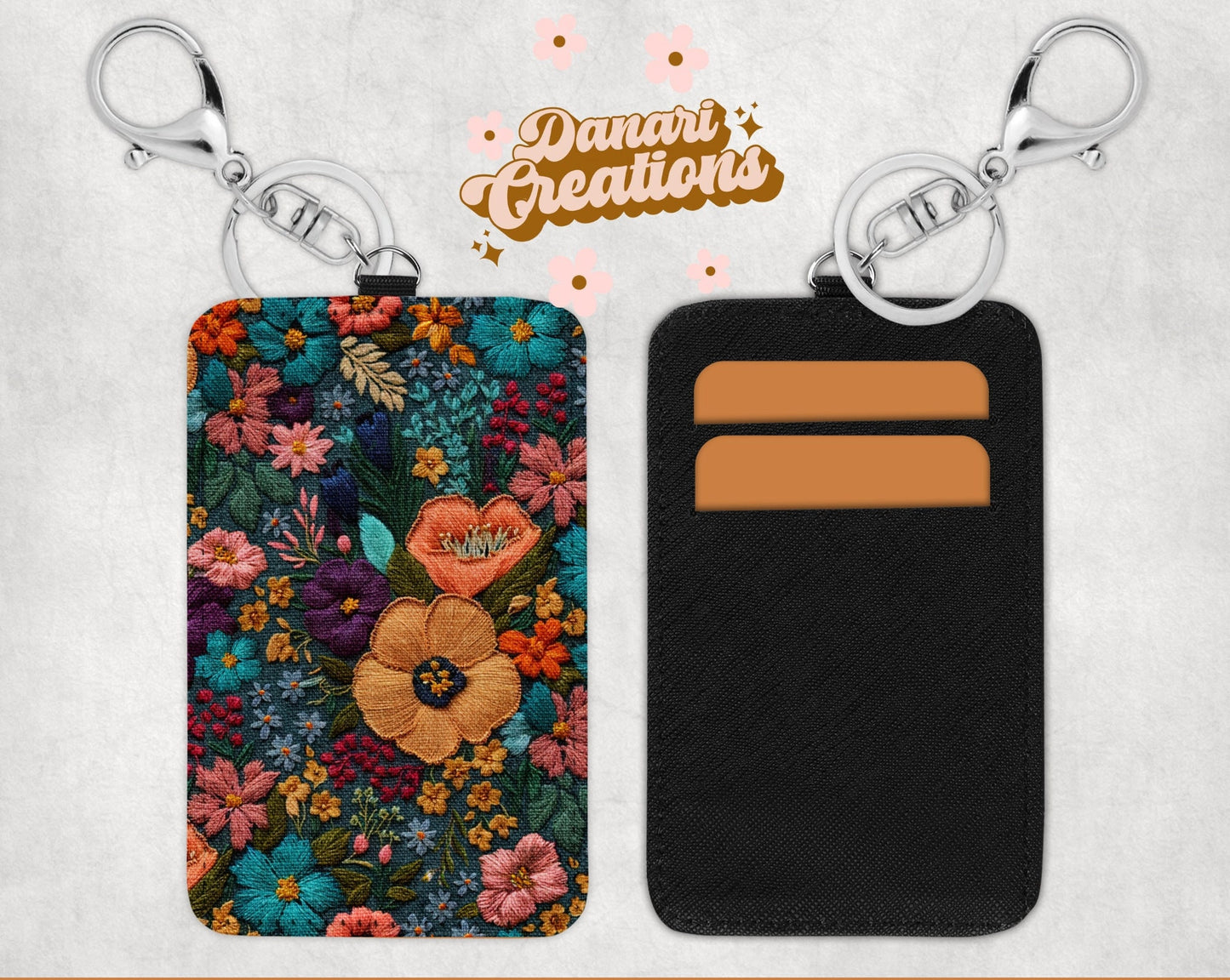 Floral Embroidery Print Card Holder Keychain | Wildflowers Credit Card Holder