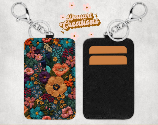 Floral Embroidery Print Card Holder Keychain | Wildflowers Credit Card Holder
