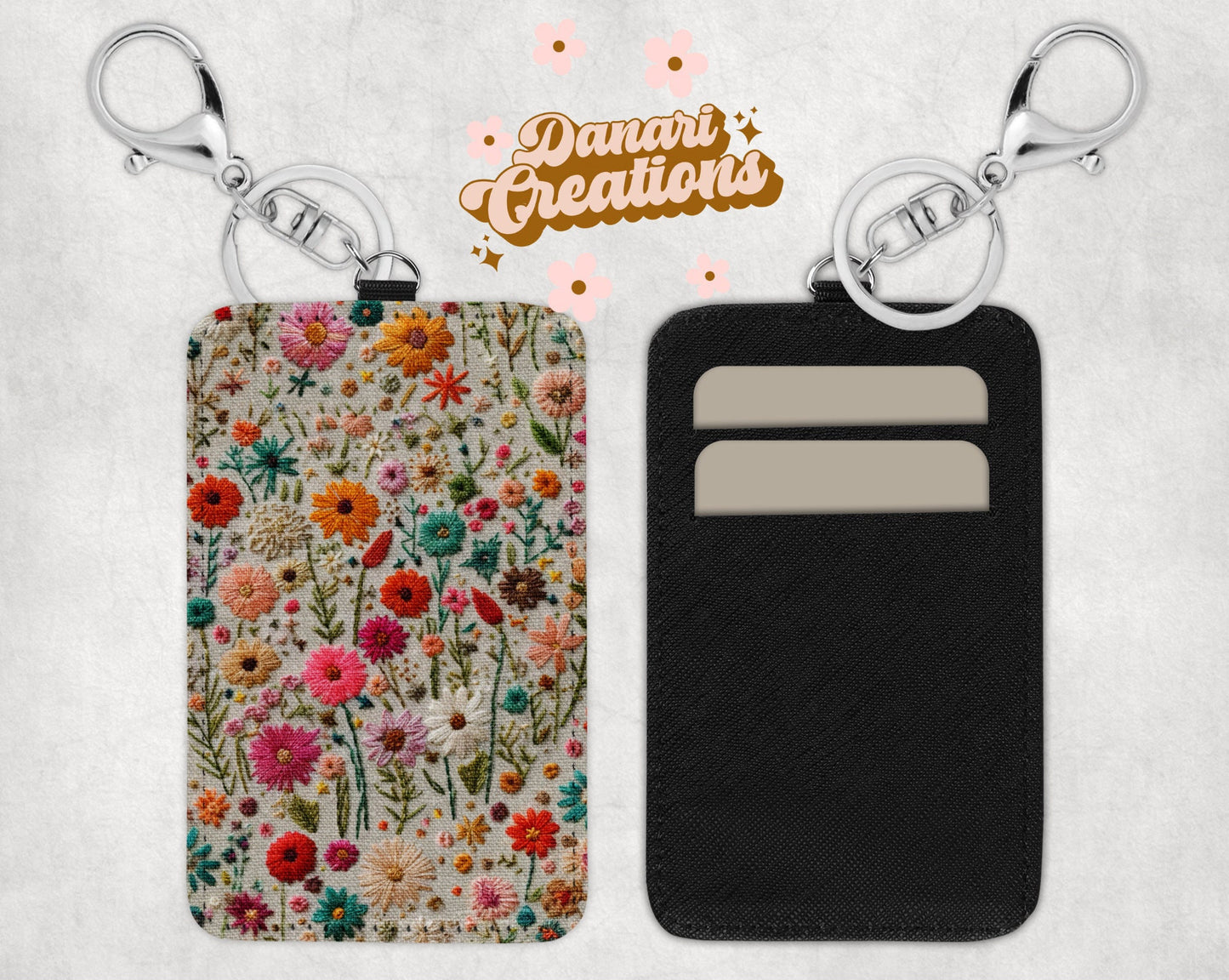 Floral Embroidery Print Card Holder Keychain | Wildflowers Credit Card Holder