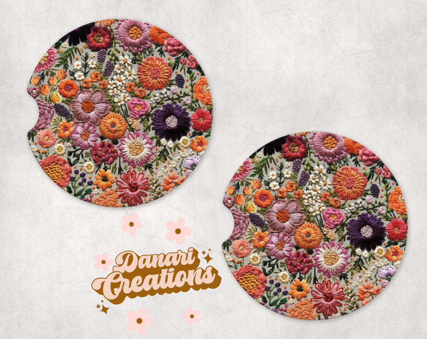 Floral Embroidery Print Car Coasters Set of 2 | Wildflowers Car Coasters