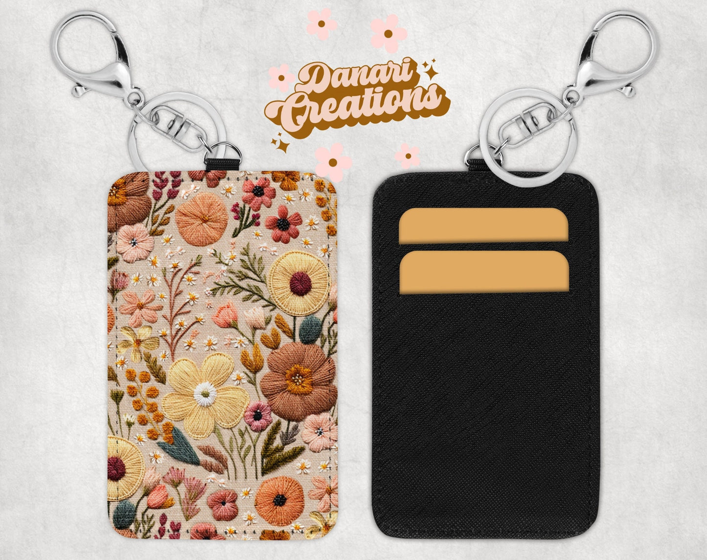 Floral Embroidery Print Card Holder Keychain | Wildflowers Credit Card Holder