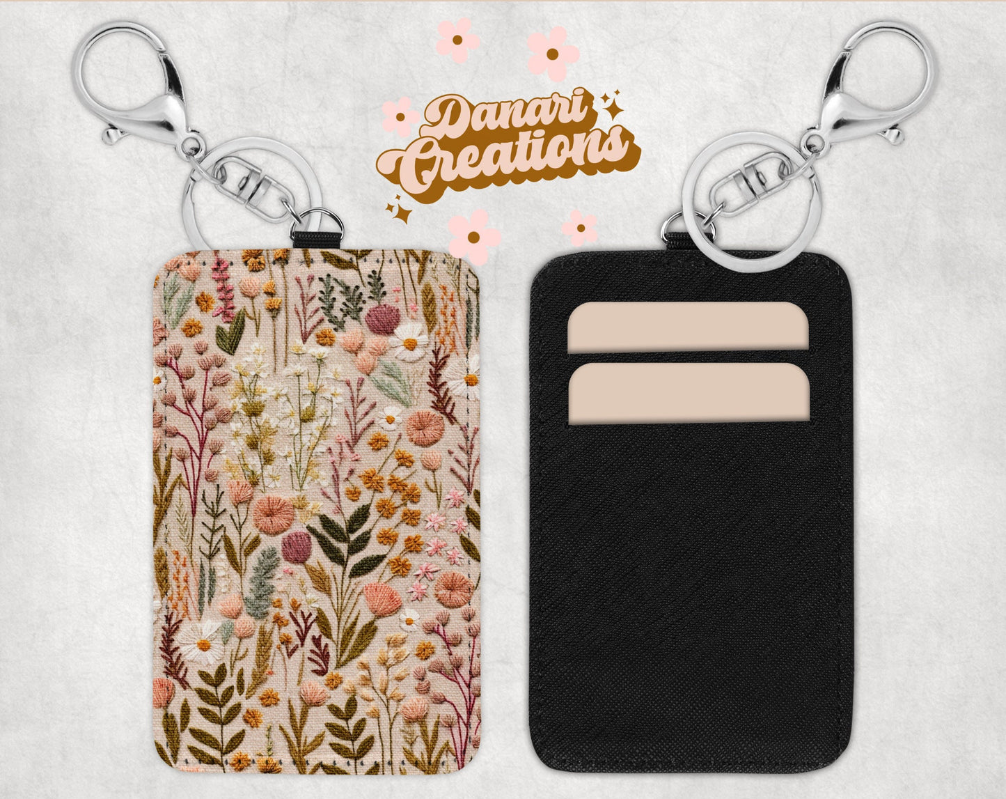 Floral Embroidery Print Card Holder Keychain | Wildflowers Credit Card Holder