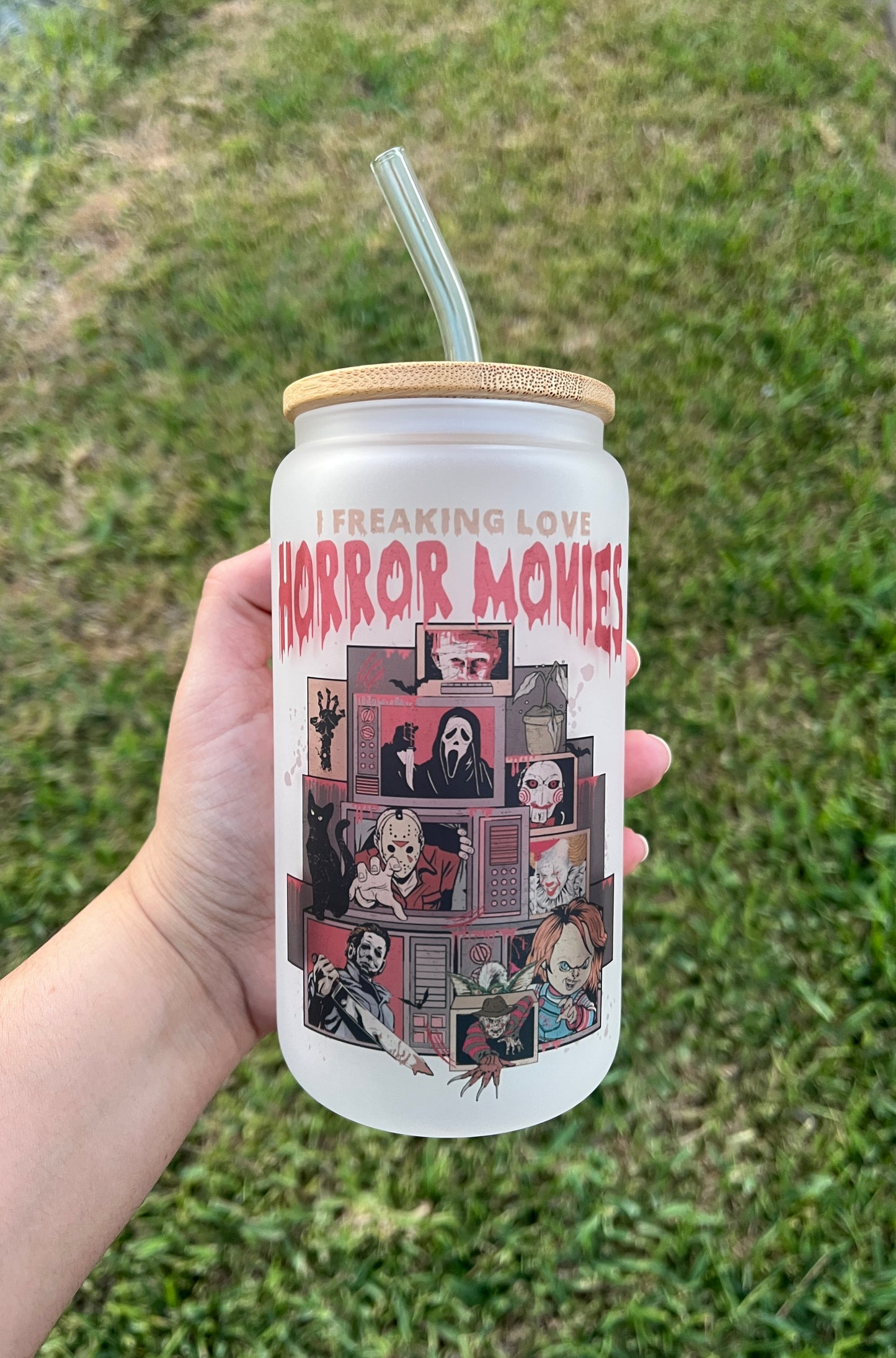 I Love Horror Movies Glass Cup