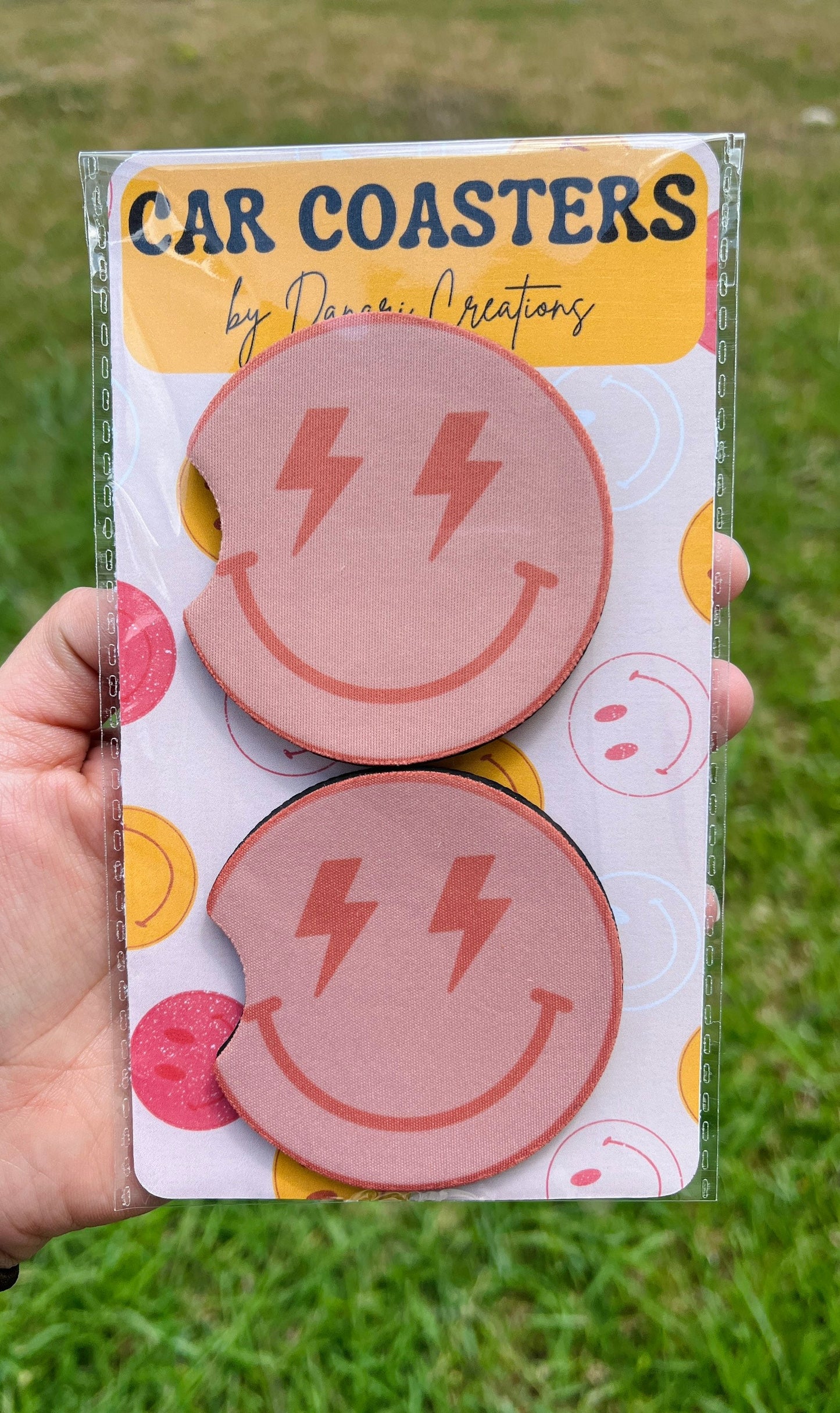 Smile Face Car Coasters Set of 2, Peach Color Lightning Bolt Eyes Car Coasters, Car Gift, Birthday Gift for Women, Cup Holder Coasters