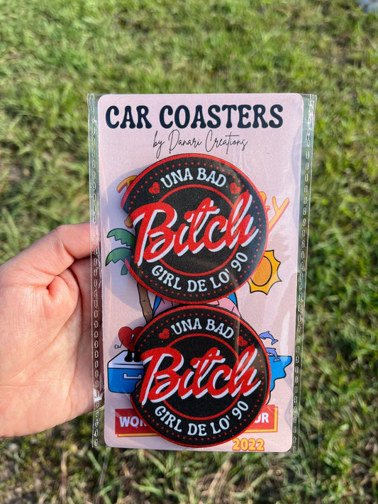 Bad Bunny Car Coasters Set of 2 | Una Bad Bitch Girl De Lo' 90 | Black & Red