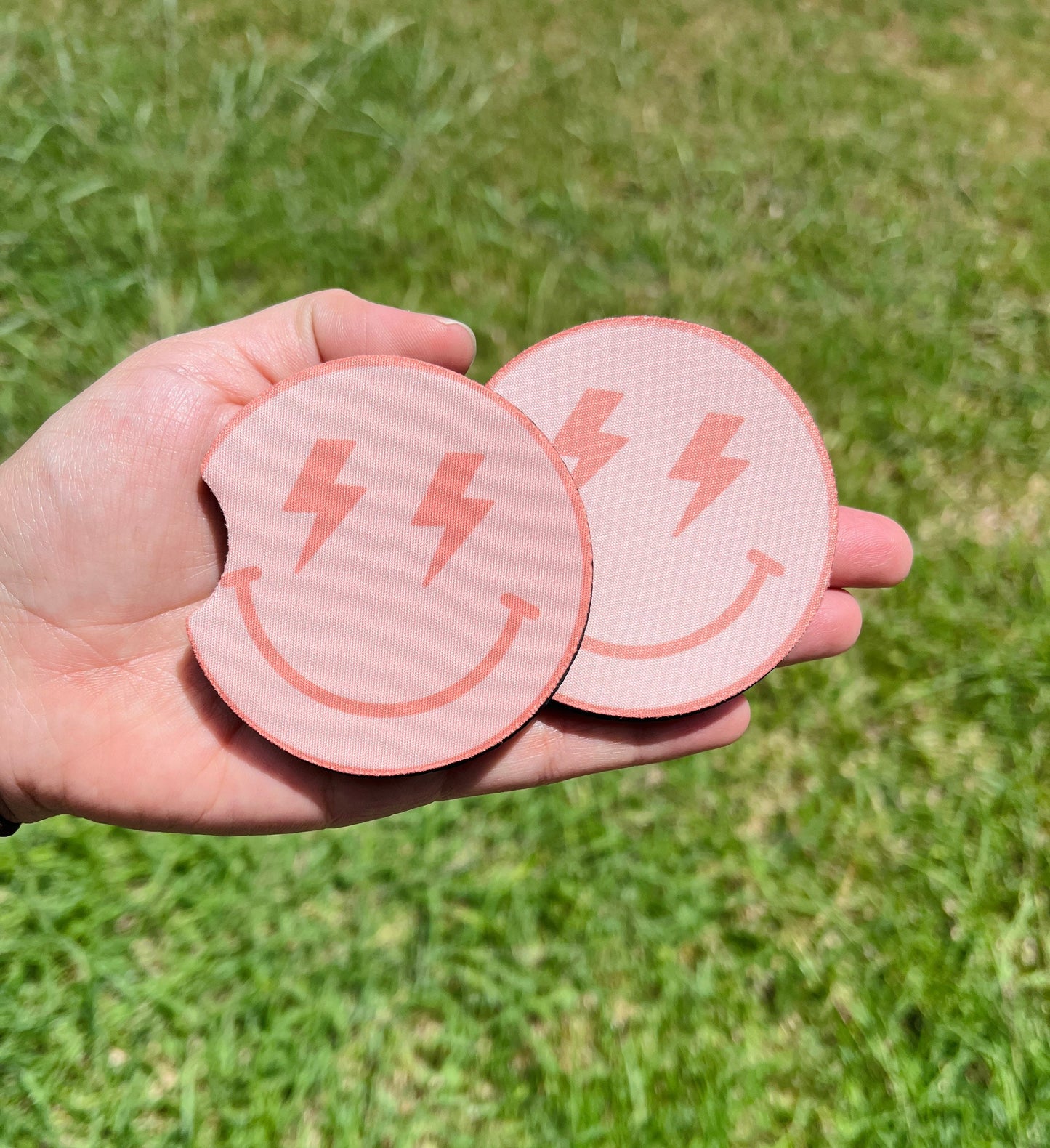 Smile Face Car Coasters Set of 2, Peach Color Lightning Bolt Eyes Car Coasters, Car Gift, Birthday Gift for Women, Cup Holder Coasters