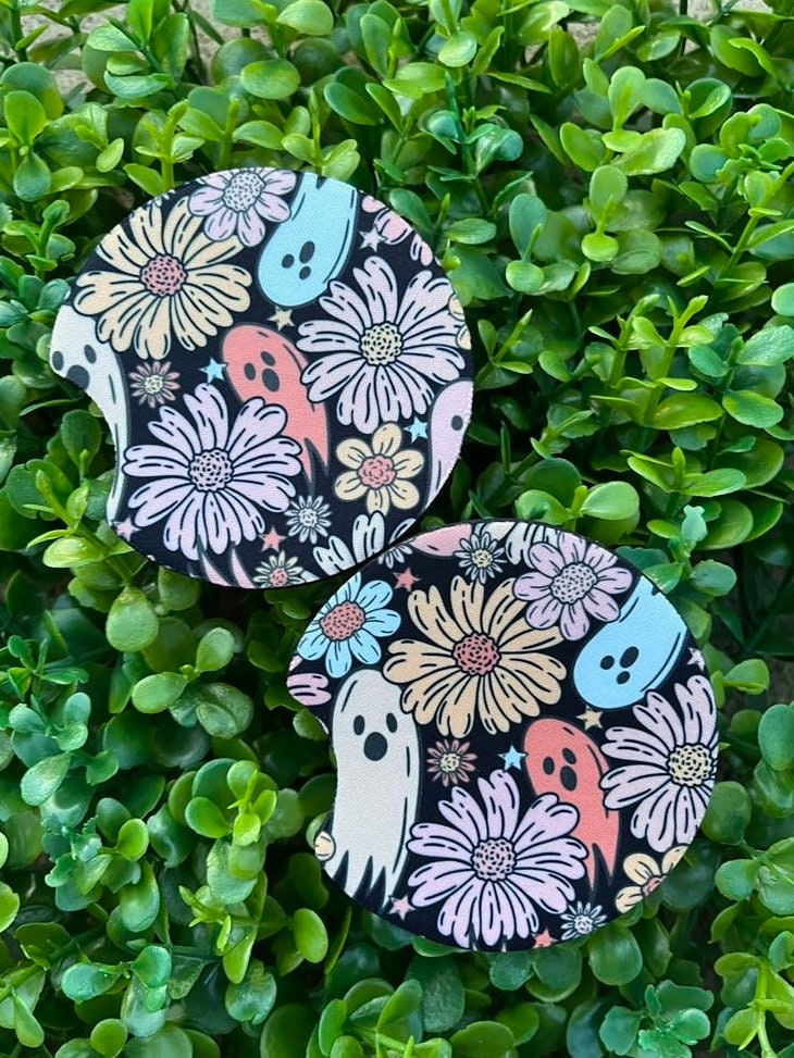 Floral Ghosts Halloween Car Coasters Set of 2