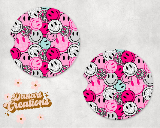 Smiley Faces Car Coasters | Pink Cow Print