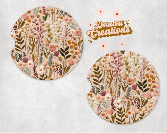 Floral Embroidery Print Car Coasters Set of 2 | Wildflowers Car Coasters